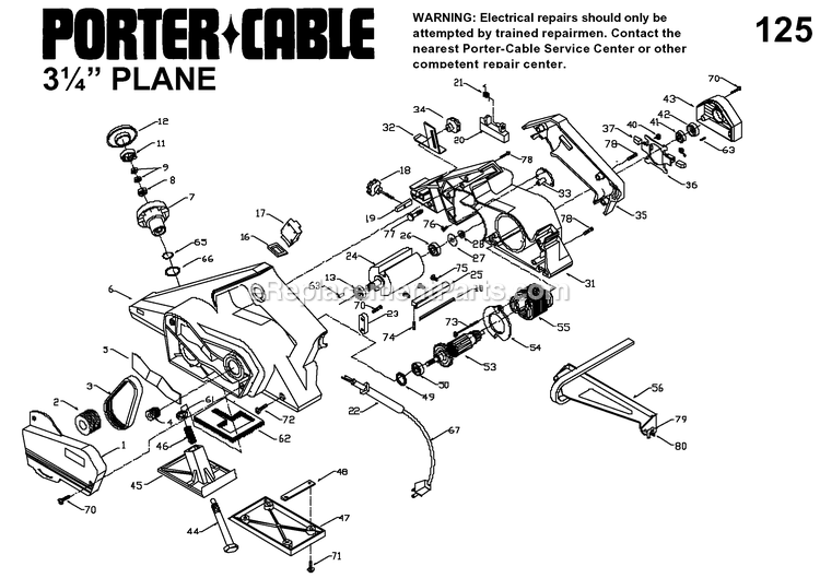 Page A Diagram and Parts List for 9125 Type 1 Porter Cable Planer Jointer